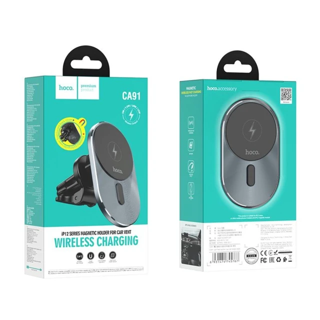 Автотримач з функцією бездротової зарядки Hoco Magnetic Vent Car Mount Black with MagSafe (6931474753465)