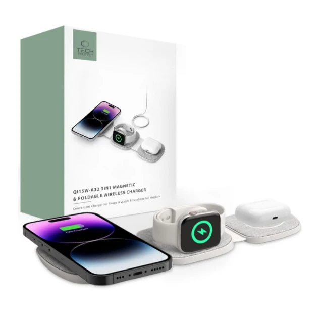 Бездротовий зарядний пристрій Tech-Protect A32 3-in-1 15W Grey with MagSafe (5906302308255)
