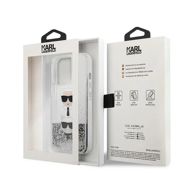 Чохол Karl Lagerfeld Liquid Glitter Karl and Choupette для iPhone 13 Pro Max Silver (KLHCP13XKICGLS)