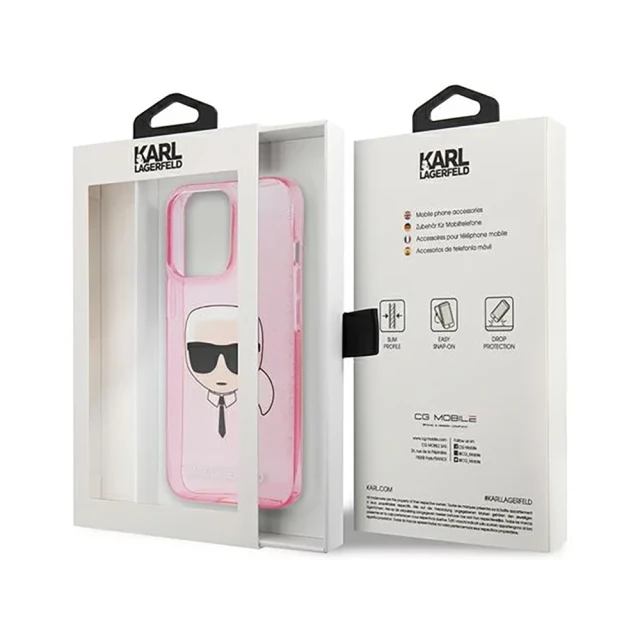 Чохол Karl Lagerfeld Glitter Karl's Head для iPhone 13 Pro Pink (KLHCP13LKHTUGLP)