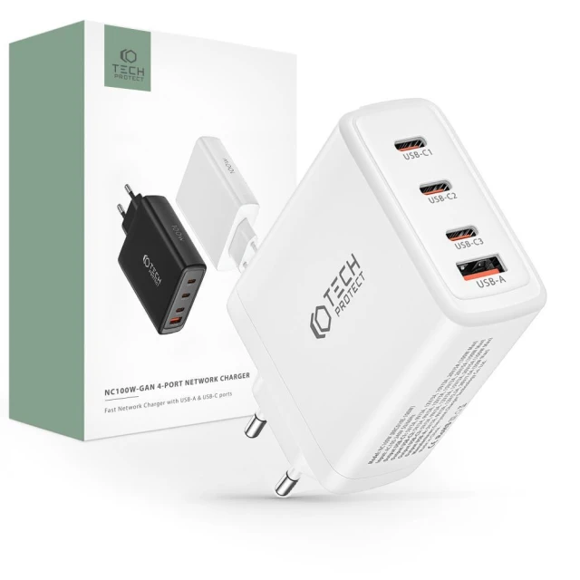 Мережевий зарядний пристрій Tech-Protect QC/PD 100W 3xUSB-C | USB-A White (9490713934814)