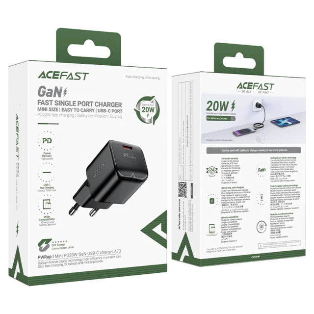 Мережевий зарядний пристрій Acefast GaN Mini PD 20W USB-C Black (A73)