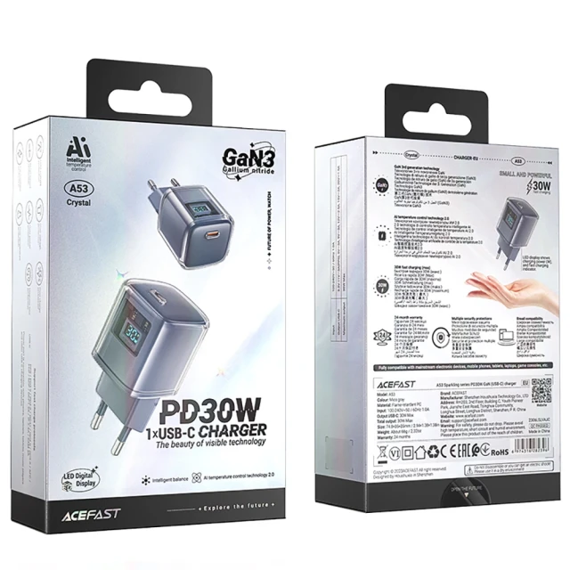 Мережевий зарядний пристрій Acefast GaN PD 30W USB-C Grey (A53-gray)