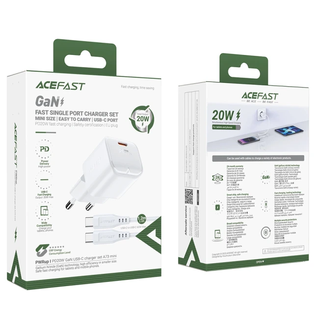 Мережевий зарядний пристрій Acefast GaN Mini 20W USB-C with Type-C to Type-C Cable White (A73_W)