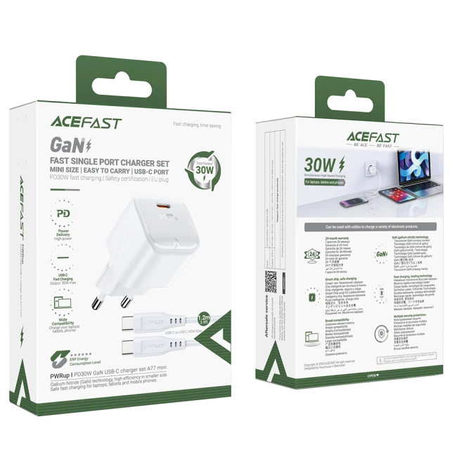 Мережевий зарядний пристрій Acefast GaN PD 30W USB-C with Type-C to Type-C Cable White (A77_W)