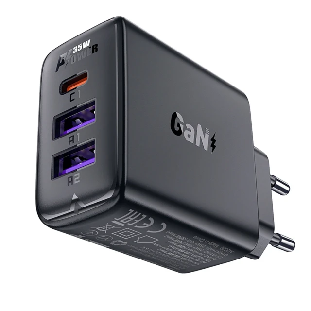 Мережевий зарядний пристрій Acefast GaN PD 35W 2xUSB-A | USB-C Black (A57)