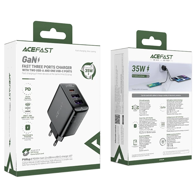 Мережевий зарядний пристрій Acefast GaN PD 35W 2xUSB-A | USB-C Black (A57)