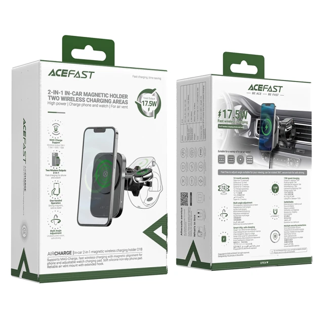Автодержатель с функцией беспроводной зарядки Acefast 2-in-1 15W Black with MagSafe (D18)