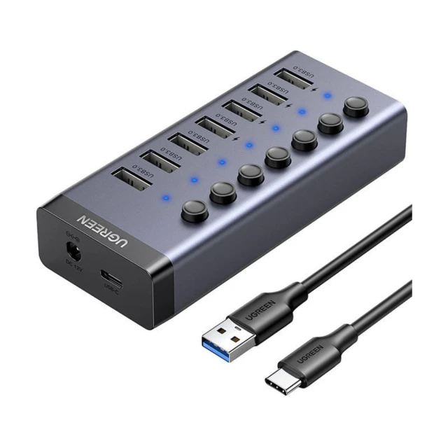 USB-хаб Ugreen 7-in-1 USB Type-C to 7x USB Type-A 3.0 PD DC 12V Gray (UGR1228BLK)
