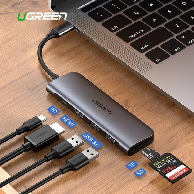 USB-хаб Ugreen CM195 6-in-1 USB-C to 2xUSB-A/HDMI/USB-C/SD/microSD 100W Grey (70411)