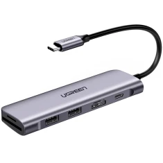 USB-хаб Ugreen CM195 6-in-1 USB-C to 2xUSB-A/HDMI/USB-C/SD/microSD 100W Grey (70411)