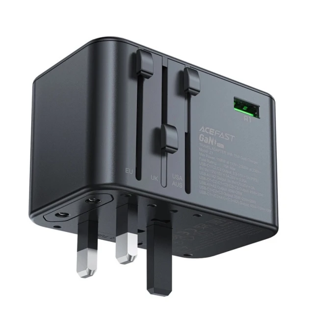 Мережевий зарядний пристрій Acefast Z1 PD UK | EU | US 75W 3xUSB-C | 2xUSB-A Black (Z1)