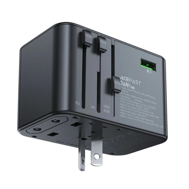 Мережевий зарядний пристрій Acefast Z1 PD UK | EU | US 75W 3xUSB-C | 2xUSB-A Black (Z1)