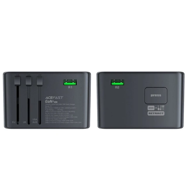 Мережевий зарядний пристрій Acefast Z1 PD UK | EU | US 75W 3xUSB-C | 2xUSB-A Black (Z1)