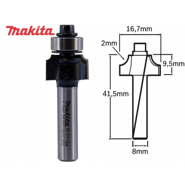 Фреза кромкова Makita 2R 8 мм 16,7x9,5 мм з підшипником (D-11184)