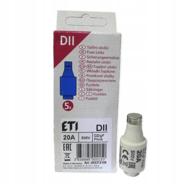 Предохранитель плавкий ETI ETI Polam 20A DII gF 500V, 5 шт (002312106/ETI)
