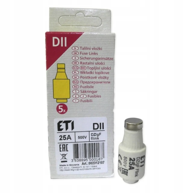 Запобіжник плавкий ETI ETI Polam 25A DII gF 500V, 5 шт (002312107/ETI)