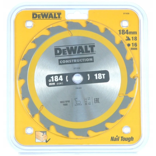 Диск пиляльний DeWALT 184x18z x16 з вольфрамовим напиленням (DT1938)