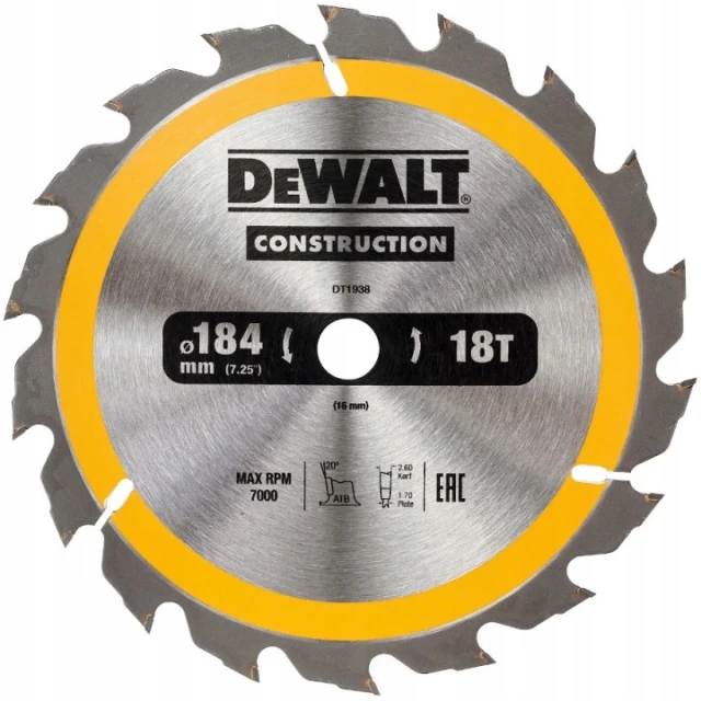 Диск пиляльний DeWALT 184x18z x16 з вольфрамовим напиленням (DT1938)