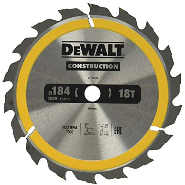 Диск пиляльний DeWALT 184x18z x16 з вольфрамовим напиленням (DT1938)