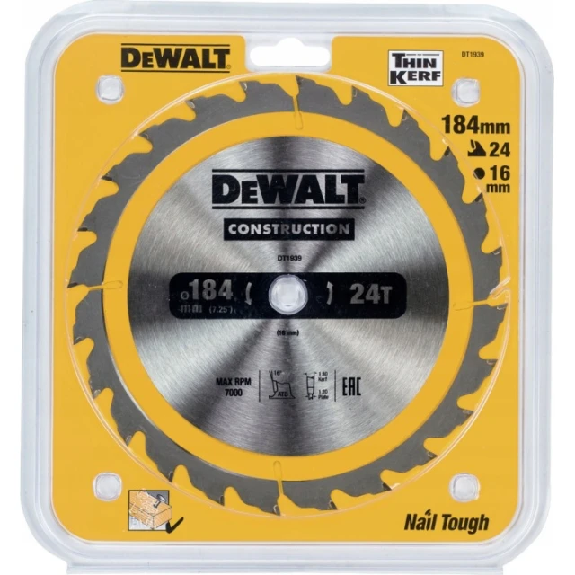 Диск пиляльний DeWALT 184x24z x16 з вольфрамовим напиленням (DT1939)