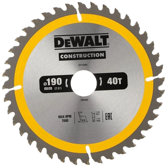 Диск пильный DeWALT 190x40z x30 с вольфрамом (DT1945)