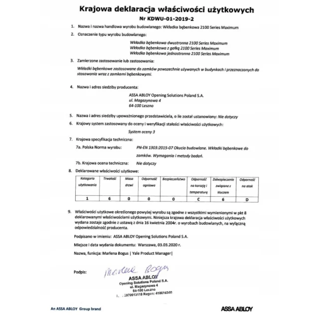 Циліндр замка Assa Abloy 28/35 Nickel ATEST KL.6D Maximum Security Yale (Yale 2100 28/35)
