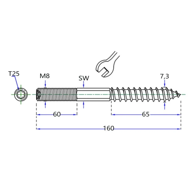 Шуруп двухрезьбовой M PGB 8x160 мм, упаковка 100 шт (WD-08160)