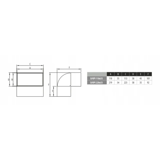 Коліно каналу вертикальне пласке D/KPI DOSPEL 220x55 (007-1478)