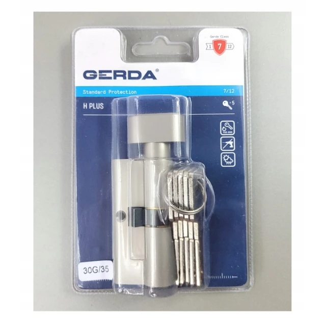 Цилиндр замка с ручкой Gerda 30/45 mm Nickel 5 ключей HPlus (0WKHPG03045.9005UB)
