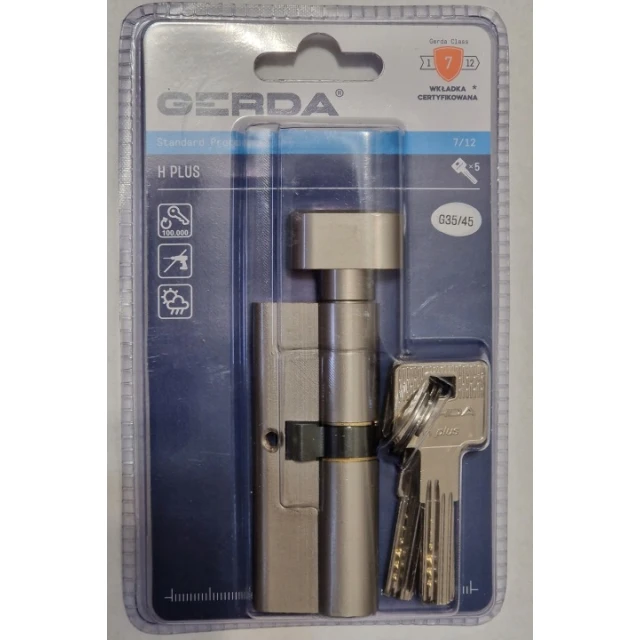 Цилиндр замка с ручкой Gerda 35/45 никель 5 ключей HPlus (0WKHPG03545.9005UB)