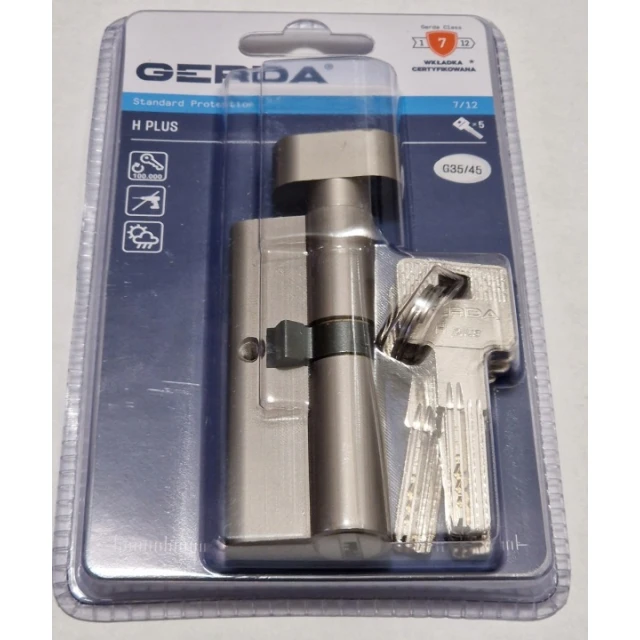 Цилиндр замка с ручкой Gerda 35/45 никель 5 ключей HPlus (0WKHPG03545.9005UB)