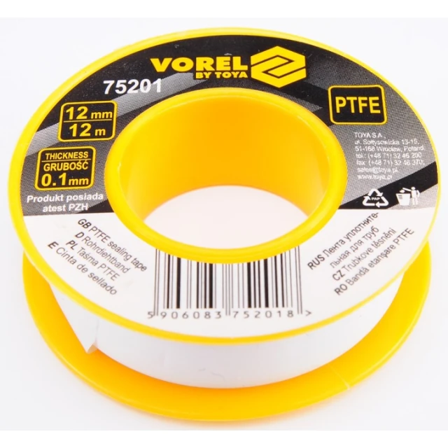 Фум-лента Vorel 12 мм x 10 м, товщина 0,1 мм (75201)