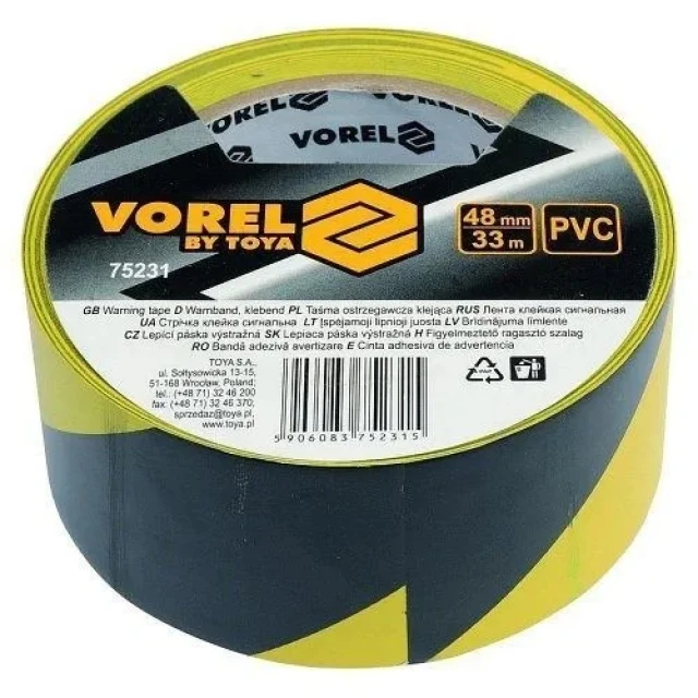 Стрічка сигнальна Vorel 33 м жовто-чорна самоклейна (75231)