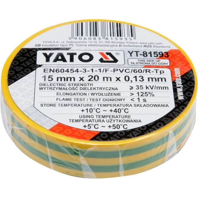 Стрічка ізоляційна Yato 15 мм x 20 м Yellow-Green (YT-81593)