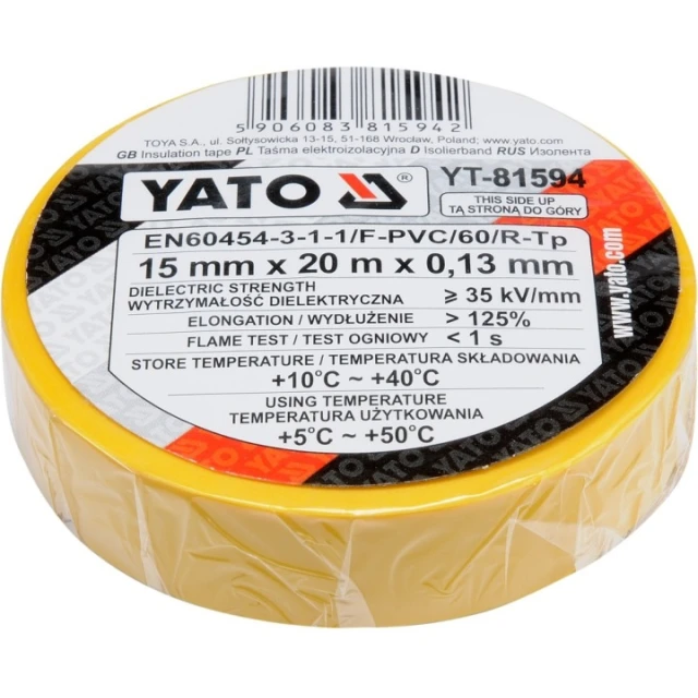 Стрічка ізоляційна Yato 15 мм x 20 м Yellow (YT-81594)