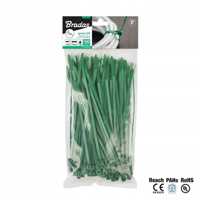 Стяжка пластикова Bradas 100×3,6 мм розпиджувана упаковка 100 шт Green (TS1236100G)