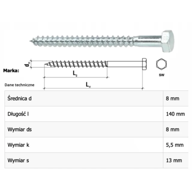 Шуруп з шестигранною головкою Wkret-Met KLIMAS 8x140 DIN 571 оцинкований (571 08140)