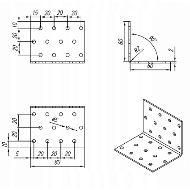 Кутник монтажний DOMAX 60x60x80x2мм, комплект 20 шт (KM5)