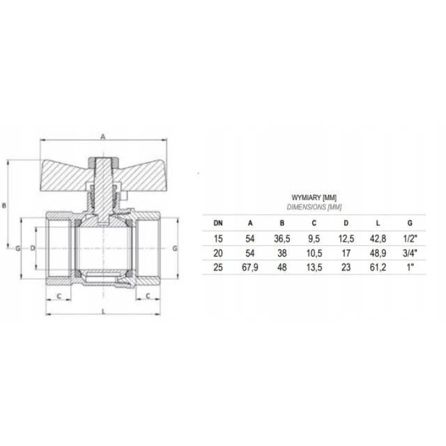 Кульовий клапан з метеликом INVENA 3/4