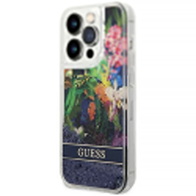 Чохол Guess Flower Liquid Glitter для iPhone 14 Pro Blue (GUHCP14LLFLSB)