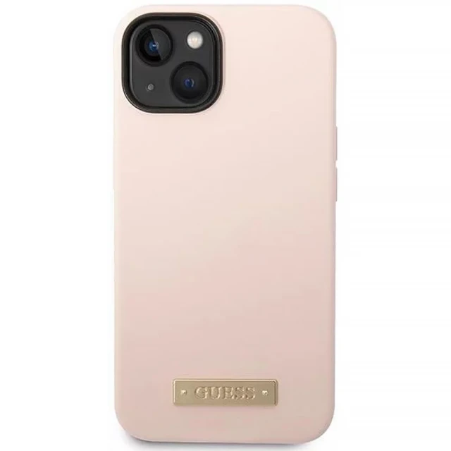 Чохол Guess Silicone Logo Plate для iPhone 14 Plus Pink with MagSafe (GUHMP14MSBPLP)