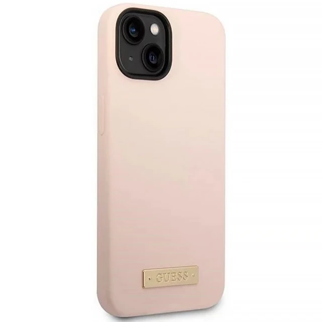 Чохол Guess Silicone Logo Plate для iPhone 14 Plus Pink with MagSafe (GUHMP14MSBPLP)