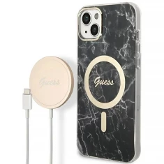 Чохол із зарядним пристроєм Guess Marble + Charger Set для iPhone 14 | 13 Black with MagSafe (GUBPP14SHMEACSK)