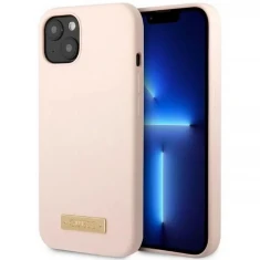 Чехол Guess Silicone Logo Plate для iPhone 13 mini Pink with MagSafe (GUHMP13SSBPLP)
