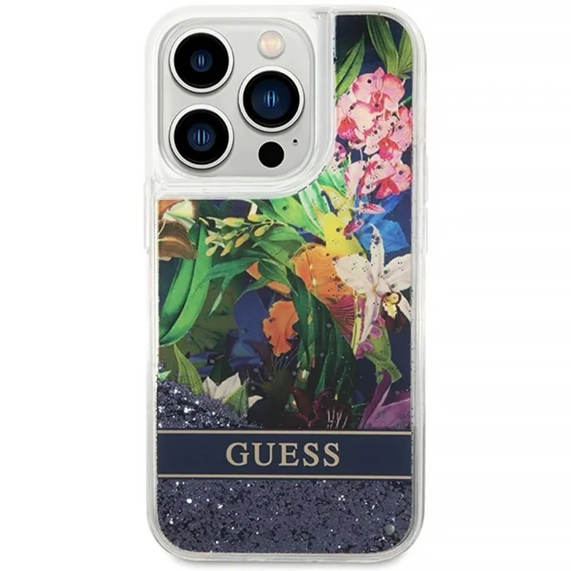 Чохол Guess Flower Liquid Glitter для iPhone 14 Pro Max Blue (GUHCP14XLFLSB)