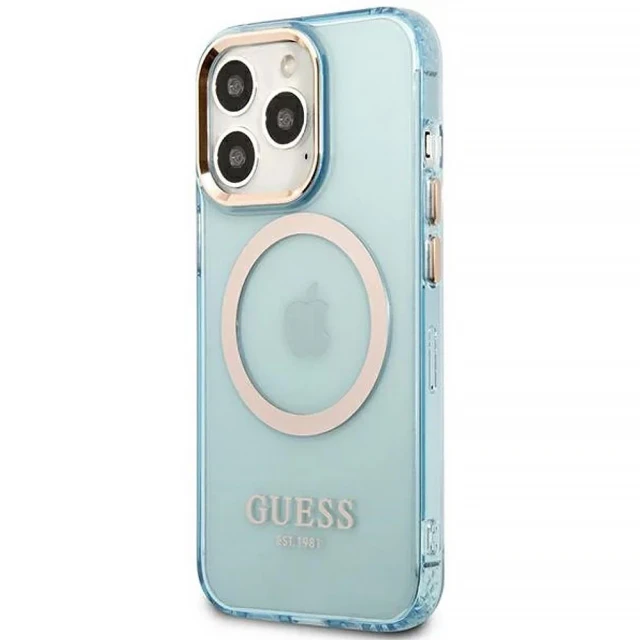 Чехол Guess Gold Outline Translucent для iPhone 13 Pro Blue with MagSafe (GUHMP13LHTCMB)