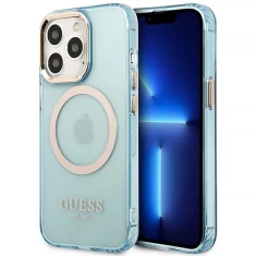 Чохол Guess Gold Outline Translucent для iPhone 13 Pro Blue with MagSafe (GUHMP13LHTCMB)