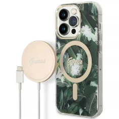 Чехол с зарядным устройством Guess Jungle + Charger Set для iPhone 14 Pro Green with MagSafe (GUBPP14LHJEACSA)
