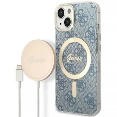 Чохол із зарядним пристроєм Guess 4G Print + Charger Set для iPhone 14 | 13 Blue with MagSafe (GUBPP14SH4EACSB)